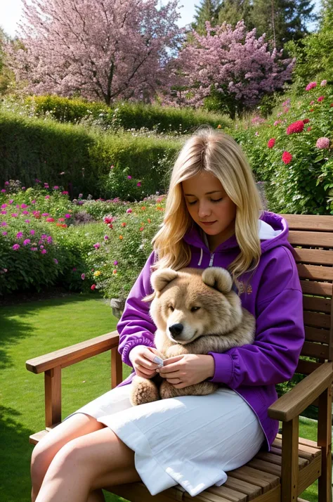 photorealistic, In a sunny morning, in a flower garden, a blonde girl, wearing a purple hoody jacket, sitting on the chair and  reading the comic "Masha and the Bear". Beside her, sleep 2 large wolf with thick fur. Calm atmosphere.
