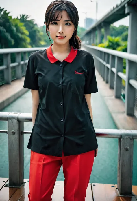 there is a woman standing on a bridge wearing a red shirt and black pants, in red and black, red and black, black and red only, sporty, inspired by Naza, in tshirt, black and red, hijab, handsome girl, with lovely look, wearing red attire, potrait, in back...