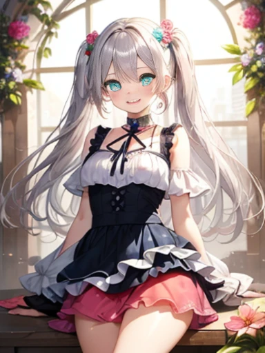 小さなgirl、The arrival of spring、big ass、 (alone:1.5,)Super detailed,bright colors, very beautiful detailed anime face and eyes, look straight, ;d, shiny_skin,girl, ((long silver hair,The inner color is red 、forehead is exposed.、green eyes、、shiny hair, delica...