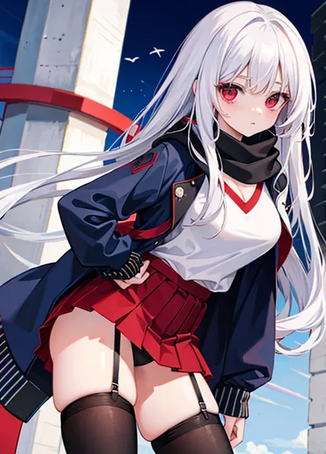 red eyes, white hair, Short sidetail, long hair, black scarf, blue jacket, white t-shirt, red pleated skirt, big bust, big ass, shy face, black stockings, white panties