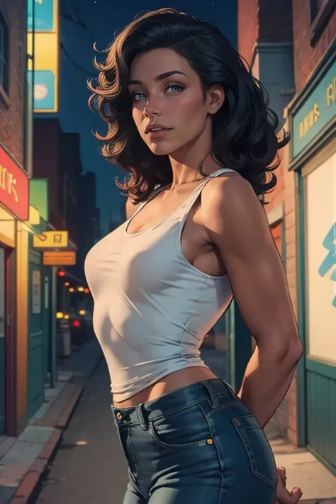 cute black woman, long curly dark hair, ((dark skin)), black skin, woman in a New York alley, shops, illuminated signs, night, graffiti, tight light blue jeans, jeans jacket, tank top pulled up over tits, ((small breasts)), arms behind back, Looking up,upp...