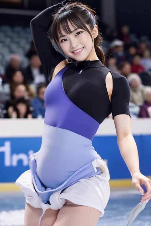 Figure skating、arena、beautiful japanese woman、young woman、dance violently、Like a real photo、reality、smile、leotard、No discomfort、balanced、ice skating、(incontinence:1.9)、Without any discomfort、(big breasts)