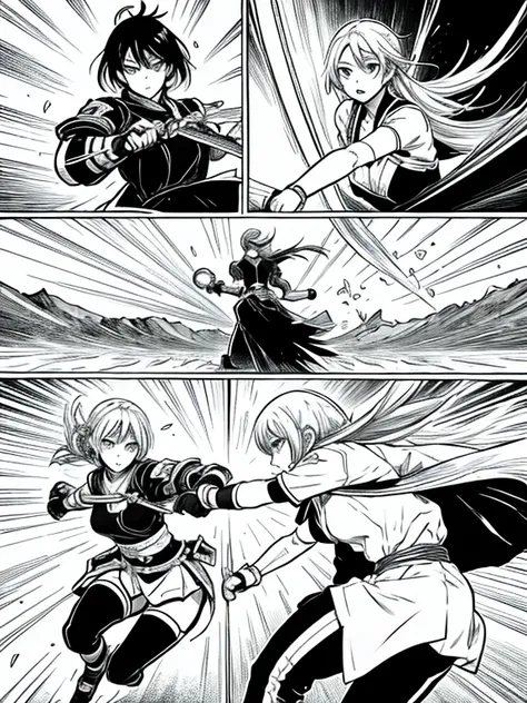 Generate manga vignettes of a battle between 2 opponents and 1 girl