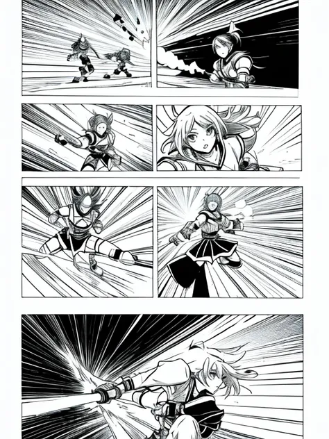 Generate manga vignettes of a battle between 2 opponents and 1 girl