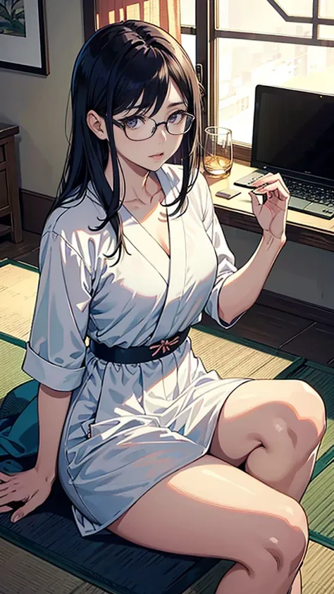 There is a woman sitting on the floor with her legs crossed., with glasses, japanese model, with glasses on, With square glasses, young sensual gravure idol, yasumoto oka, Real young gravure idol, no glasses, Yoshitomo Nara, aoi ogata, wearing glasses, sur...