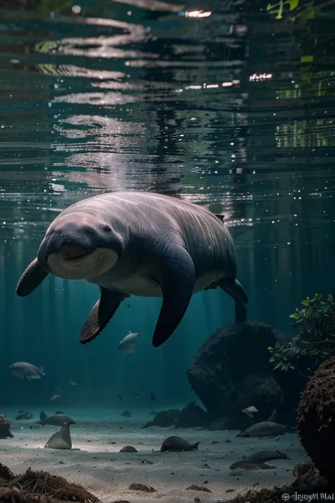 manatees, dolphins and otters together in mangroves, without human persons; cinematic lighting, depth of field, bokeh, realism, Photorealistic, hyperrealism, professional photography, HD, DSLR, HDR