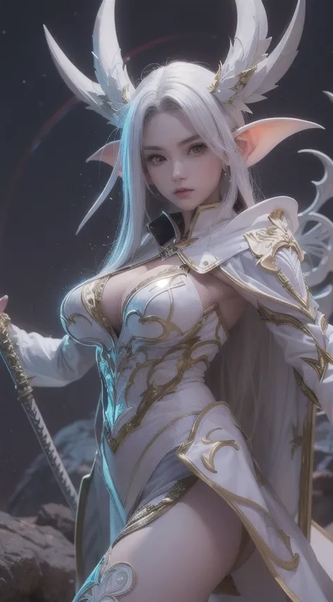 Close-up de uma garota com uma espada,corpo completo , personagem de fantasia ultra-detalhado, intrincado lindo estilo CGI anime, female demon suitable for white horns, fantasia de detalhe 4K, Iconic character of high detail, handsome biomechanical elf, pe...