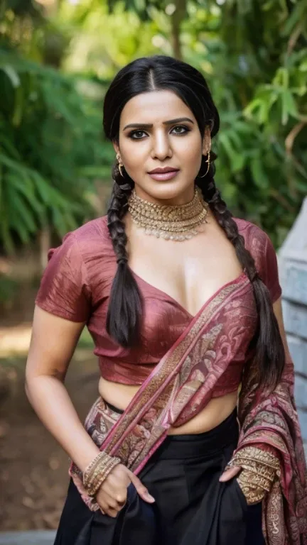 Samantha ruth prabhu,Masterpiece, full body, a beautiful indian housewive, thick princess single stranded braid long dense hair, indian blouse and inskirt, ancient background, (UHD, 8K wallpaper, High resolution), Cinematic lighting, award-winning, extreme...