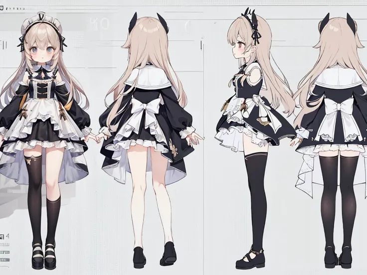 character sheet,character reference sheet, 1 girl, character design sheet, ((view from the front, side view)) symmetrical elemen...