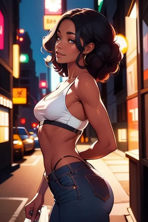 cute black woman, long curly dark hair, ((dark skin)), black skin, woman in a New York alley, shops, illuminated signs, night, graffiti, tight light blue jeans, jeans jacket, tank top pulled up over tits, ((small breasts)), arms behind back, Looking up,upp...