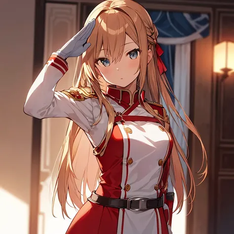 Pov, front shot, ((salute 1 hand )), girl, seriously, (masterpiece, best quality, ultra detailed), asuna, expressionless face, royal room background (professional lighting, ultra hd, absurdres, 