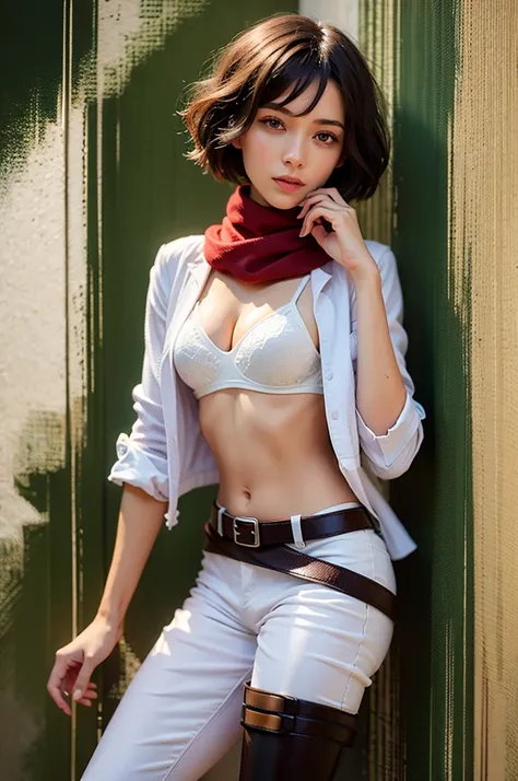 Master Parts, Best Quality, Haute, hmmikasa, Short hair, Black eyes, bra very, Underwear for the lower body, Swimwear Scarf, emblem, Belt bag, Thigh strap, red scarf, White pants, Brown jacket, shortsleeves, the beach