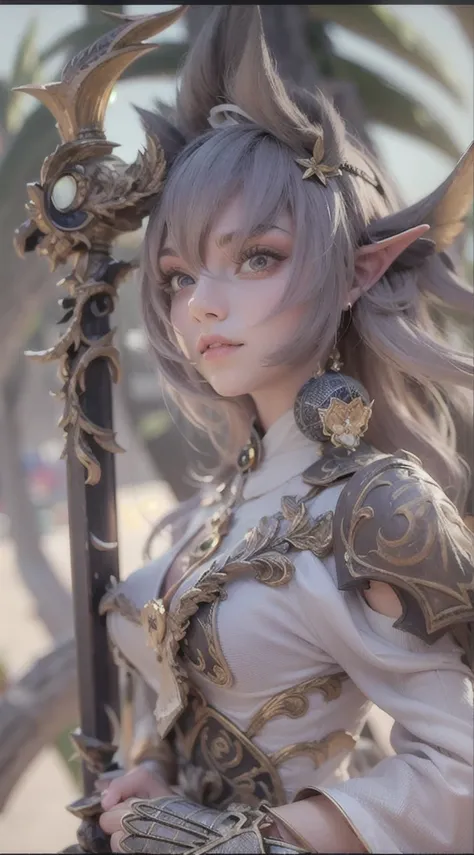 Close-up de uma garota com uma espada,corpo completo , personagem de fantasia ultra-detalhado, intrincado lindo estilo CGI anime, female demon suitable for white horns, fantasia de detalhe 4K, Iconic character of high detail, handsome biomechanical elf, pe...