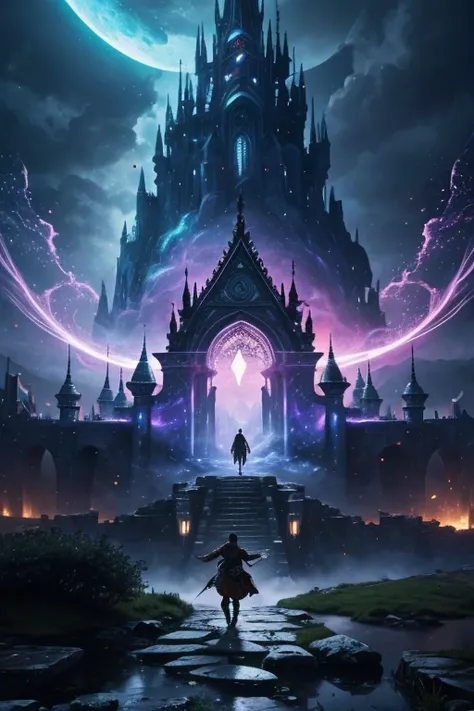 (best quality,highres,realistic:1.2),A warrior emerging from a magical portal, releasing particles and heading towards a castle, vibrant colors, intense lighting, intricate details, fantastical atmosphere, enchanting scenery, mystical vibes, captivating co...