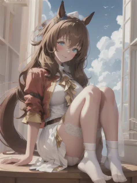 topquality, Horse Girl, maruzensky (umamusume), Perfect skin, realisic skin, Detail Skin, 8K, the perfect body, perfect foots, tail, white clothes with gold patterns, golden ceiling skirt, white skirt, Sky City, clouds, blue sky