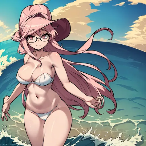 (masterpiece, best quality:1.2), cowboy shot, (solo), (1girl):1.5, glasses, long fluffy pink hair, hair blowing, gorgeous body, wide hips, slight smile, (elegant swimswit), navel exposed, mid breasts, breasts niples, cameltoe, in front a palms in a windy b...