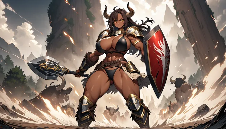 Minotaur female horns big Breast Breast expansion bikini armor muscle dark skin strong battle ax shield wilderness full-body shot