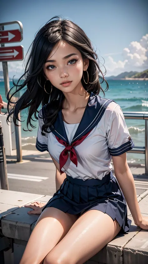 ((最high quality, 8K, masterpiece: 1.3, Ultra HD, high quality, 最high quality, High resolution, realism)) 、An extremely beautiful 18-year-old Japanese woman、hair color is black、black eye、medium hair、straight hair、smile、Slender but well-proportioned, slim an...