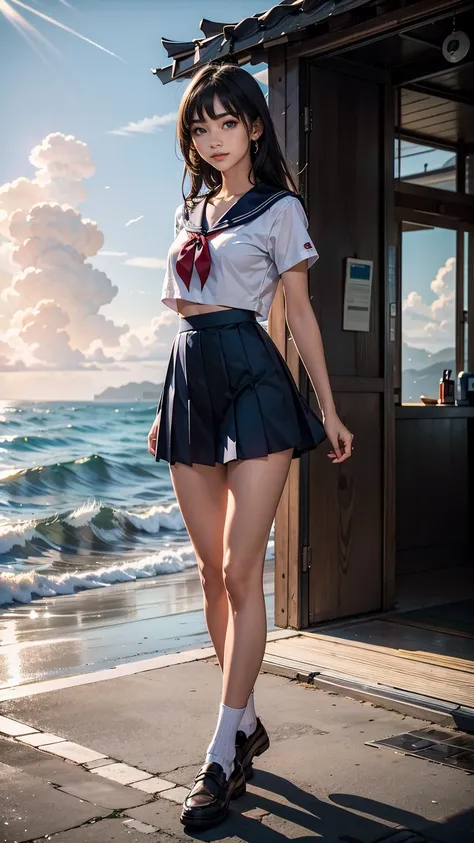 ((最high quality, 8K, masterpiece: 1.3, Ultra HD, high quality, 最high quality, High resolution, realism)) 、An extremely beautiful 18-year-old Japanese woman、hair color is black、black eye、medium hair、straight hair、smile、Slender but well-proportioned, slim an...