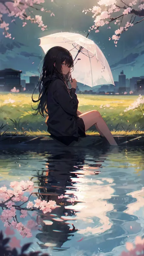 Product illustration of a girl in the rain,cherry blossoms,sitting