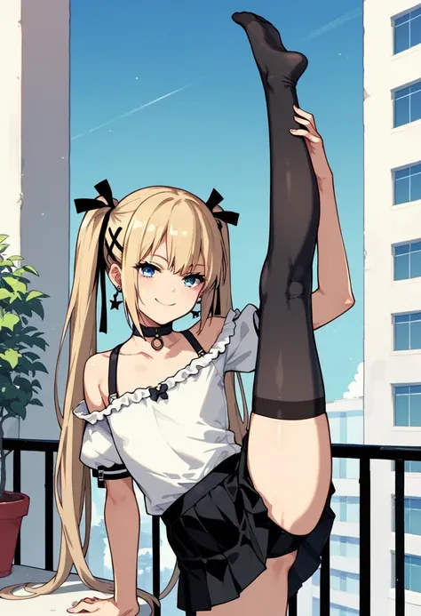 score_9,score_8_up,score_7_up,score_6_up,score_5_up, source_anime, 1girl, marie rose, blue eyes,blond hair,long hair,twin tails,black choker,loose clothes,white shirt,black skirt,luxury apartment,balcony,zettai ryouiki,black stockings,bare shoulders,earrin...