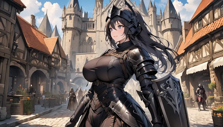 High-tech black knight suit
High Tech Black Knight Tactical Helmet
female knight
Great Sword and Shield
Big 
Breast expansion
Fantasy World
medieval city
full-body shot