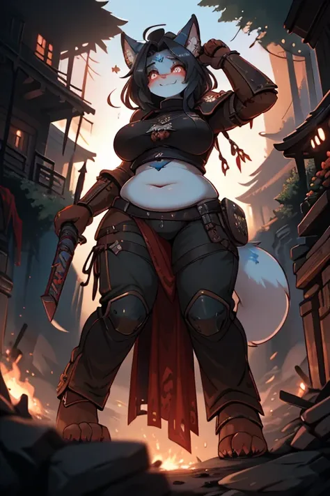 Female Furry cat+red eyes black hair with red-scarlet tips of hair tall, a little plump+ in black knights armor face covered in blood face gloomy and serious+in the forest, one fire, dead demons lie on the ground+smoke from the fire+anime, 
bbw, Female, On...