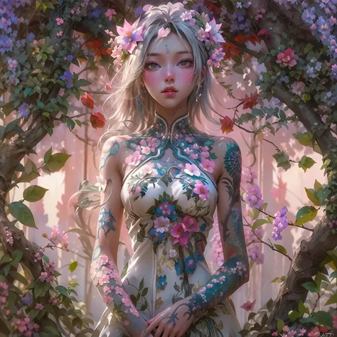 A {white |black |red |blue| pink) machine (Open legs, pubic hair view, 1 sexy girl in transparent forest clothes, Flowers, leaves, Mandala, fractal, Full female body, Mandala and flower tattoos, seductive pose, well detailed art, beautiful breasts, bare ch...