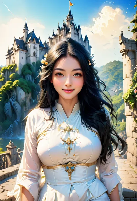 a beautiful girl with long black hair, in front of castle. in white, innocent smile, ultra detail, full color, high resolution, ...