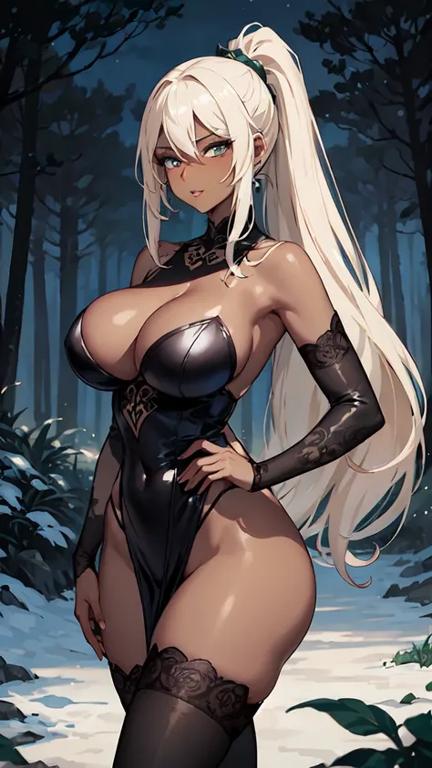 (masterpiece, anime, best quality, perfect face, (beautiful and aesthetic:1.4), highest detailed face), ((gorgeous female rogue), (dark skin:1.4), (sexy tanned girl:1.2)), (long pale blonde ponytail hair:1.3), wide hips, fake breasts, narrow waist, thick t...