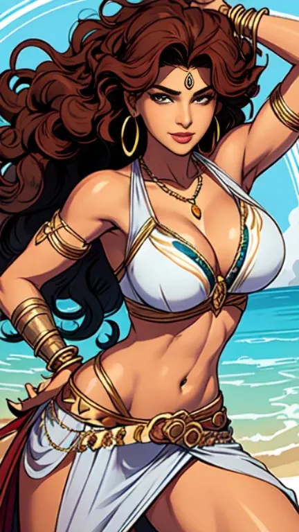 1woman 30year old, solo, long curly hair, looking at viewer, navel, cleavage, bare shoulders, detailed eyes, shy smile,jewelry, medium breasts, earrings, midriff, belt, necklace, bracelet, lips, armlet, ((dynamic pose)), ((dynamic angle)),