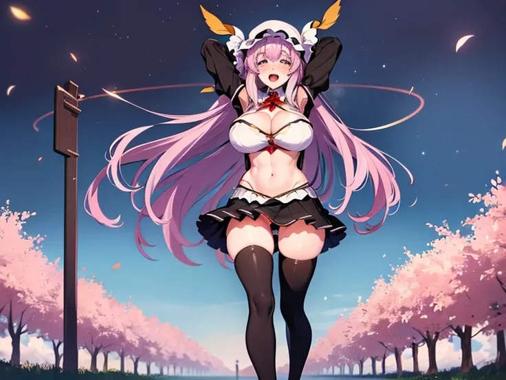 (Patchouli toho character), (standing at lakeside forest), outside, (standing with open legs wide:1.6), (arms behind back), (bending back), tiptoe, pigeon toed, BREAK, (disproportionately gigantic huge breasts:1.2), cleavage, inconceivably thin waist, very...