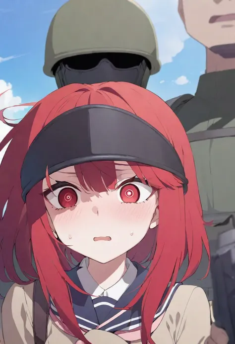 anime girl 1, soldier, high school girl, red hair, conjunctivitis