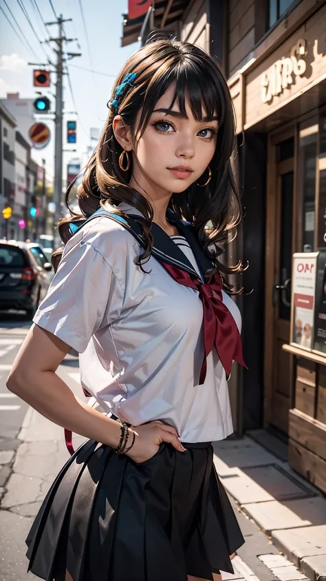 ((最high quality, 8K, masterpiece: 1.3, Ultra HD, high quality, 最high quality, High resolution, realism)) 、An extremely beautiful 18-year-old Japanese woman、hair color is black、black eye、medium hair、straight hair、smile、Slender but well-proportioned, slim an...