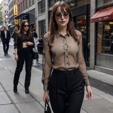 Dakota Johnson dressed in fishnet shirt with pants