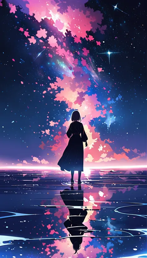 （（best quality））， （（master piece））， （（ultra wide angle）），night,Women、，standing on the salt lake，The water surface is like a mirror，Reflecting the sky。look at the sky，The Milky Way is in the sky,cherry blossoms,cherry blossoms並木,ピンクのcherry blossoms