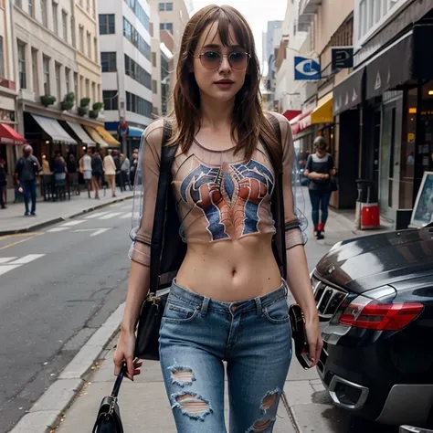 Dakota Johnson dressed in transparent spiderman top with ripped jeans