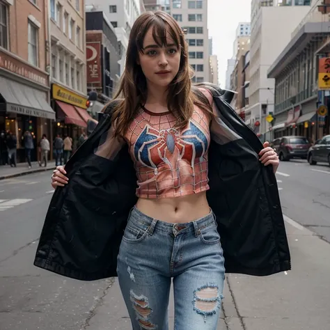 Dakota Johnson dressed in transparent spiderman top with ripped jeans