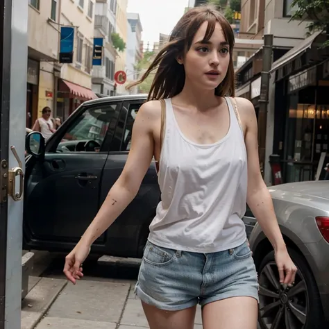 Dakota Johnson dressed in a tank top with shorts