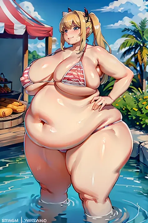 a ssbbw blonde standing next to a gril in a backyard, grill, bikini, ssbbw, topless, chubby, detailed face, detailed, american_flag_bikini, bottom-heavy, hyper ass, wide hips, blonde_hair, barbecue, florida, american, american_flag, pig, pig_ears, pig_tail...