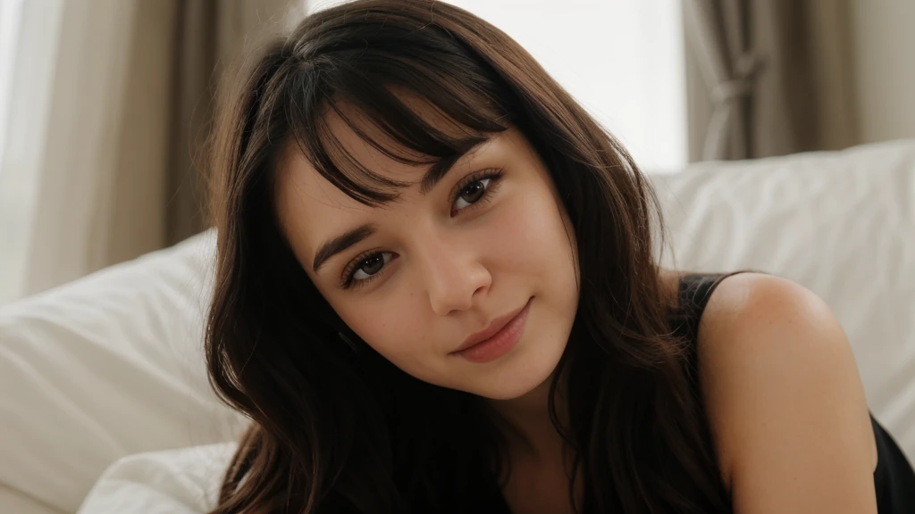 portrait of a cute 20 year old American girl , on a Discord video call, thick wavy black hair, smirking, long eyelashes,
 upper body, facing viewer, 8k, super detail, best quality, 1080P, 1080P, 1080P, 4K, 8k, 16k, HD, 1080P