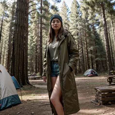 Dakota Johnson in a wooded climate dressed in camping clothes