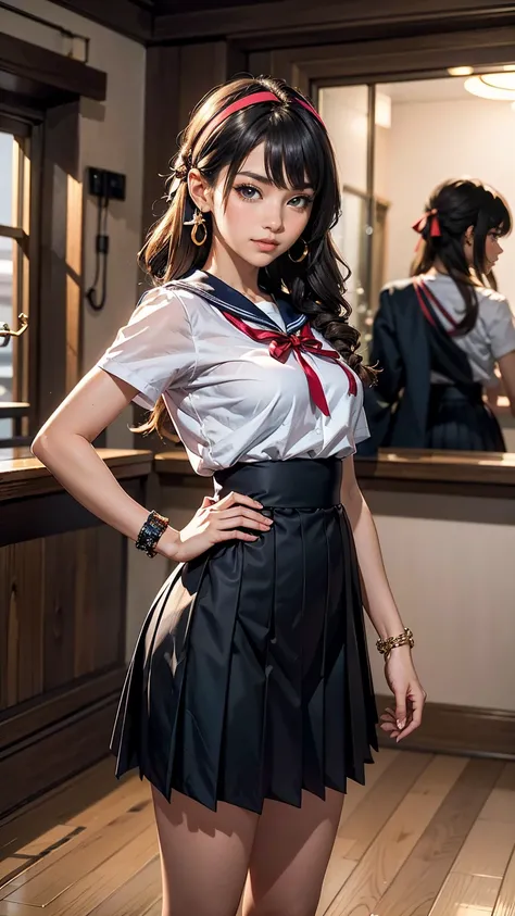 ((最high quality, 8K, masterpiece: 1.3, Ultra HD, high quality, 最high quality, High resolution, realism)) 、An extremely beautiful 18-year-old Japanese woman、hair color is black、black eye、medium hair、straight hair、smile、Slender but well-proportioned, slim an...