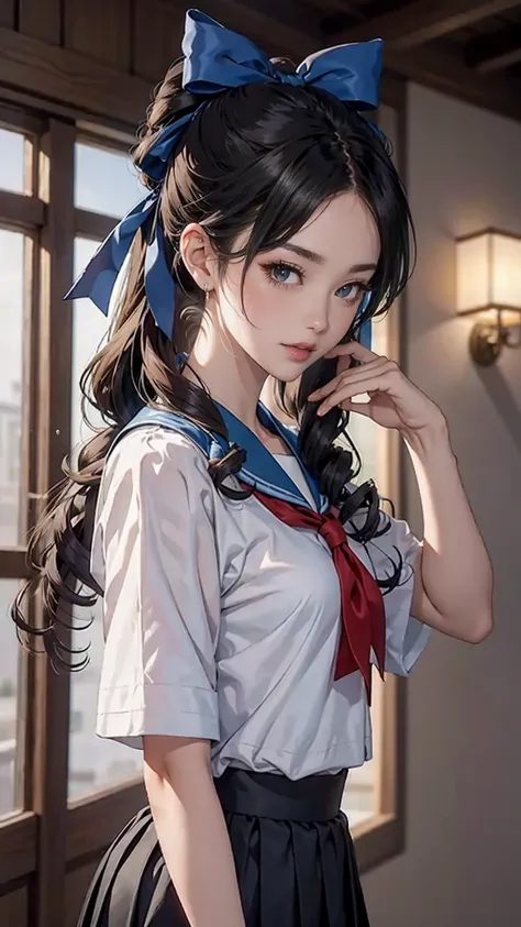 ((最high quality, 8K, masterpiece: 1.3, Ultra HD, high quality, 最high quality, High resolution, realism)) 、An extremely beautiful 18-year-old Japanese woman、hair color is black、black eye、medium hair、straight hair、smile、Slender but well-proportioned, slim an...