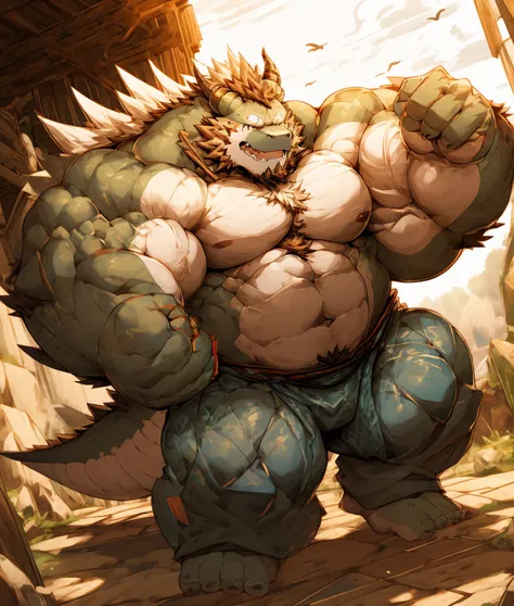 a white dragon orc，physically strong，muscular，like a born strong man。his skin looks healthy and fair.，muscle and fat intertwined...