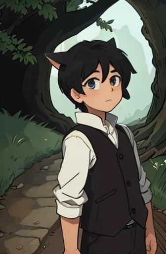 a boy has a normal human head with wolf ears and a black tail where he is near a tree, only part of the trunk is shown above the character 