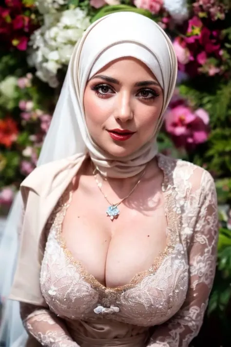 1 hijab girl , ((wearing plain hijab)),  shy, medium portrait shot , lip glossy, horny face, medium rounded breast, cleavage cutout, breast out, slim body,wear java wedding woman in kebaya , luxurious necklace, bracelet, lipstick, makeup, grooming, eyelash...