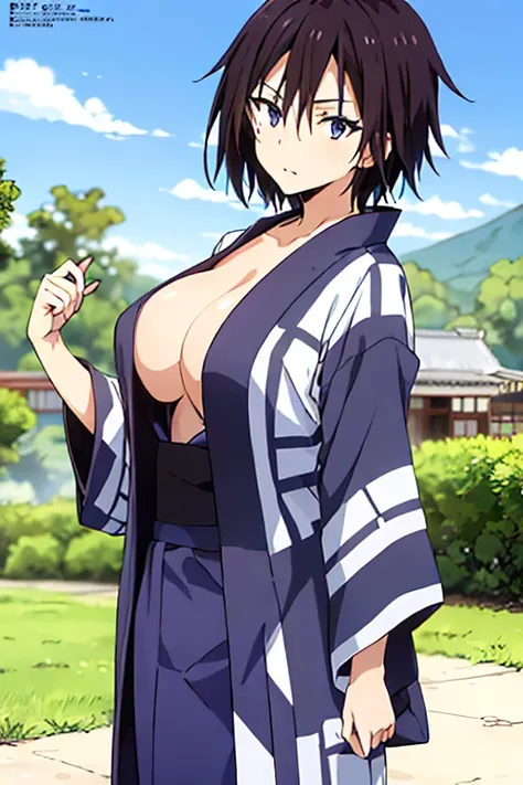 (anime cels style, best quality, high resolution, anime colored, megami magazine, sharp, 8k), (beautiful eyes:1.5), sakaguchihinata(ttigraas), 1girl, cute, black hair, short hair, large breast, cleavage, (japanese clothes, yukata:1.5), cowboy shot, seiza, ...