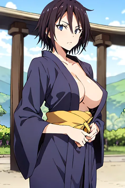 (anime cels style, best quality, high resolution, anime colored, megami magazine, sharp, 8k), (beautiful eyes:1.5), sakaguchihinata(ttigraas), 1girl, cute, black hair, short hair, large breast, cleavage, (japanese clothes, yukata:1.5), cowboy shot, seiza, ...