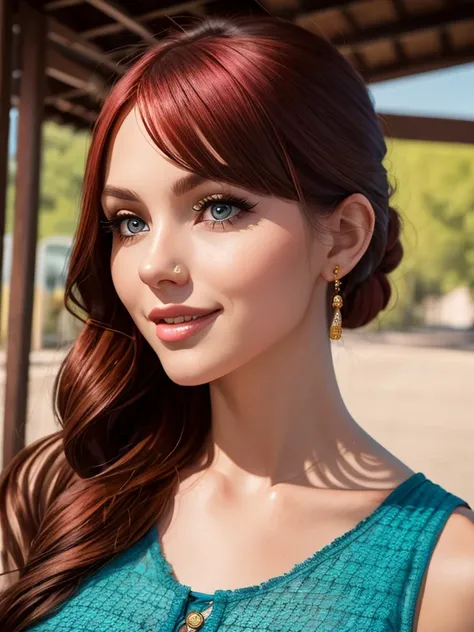 (best quality, masterpiece, ultra-detailed)vintage colors,woman, 32 years-old,vintage pin-up,red hair,bangs,beautiful detailed face, big eyelashes,ponytail,little smile,summer dress,photographic studio scenario